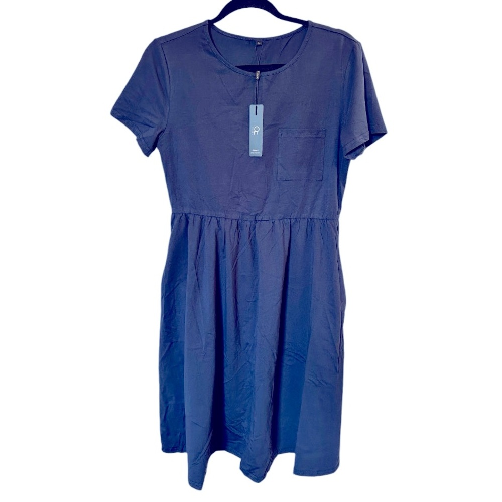 OUGES | Women’s Casual Round Neck Swing Navy Blue Dress | Size Large | NWT